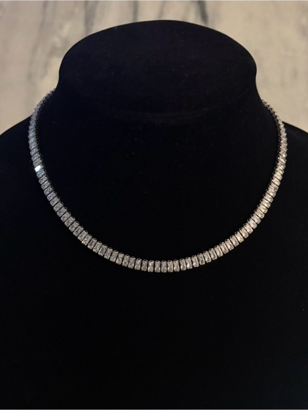 Unbranded silver-tone tennis necklace with clear rectangular stones
